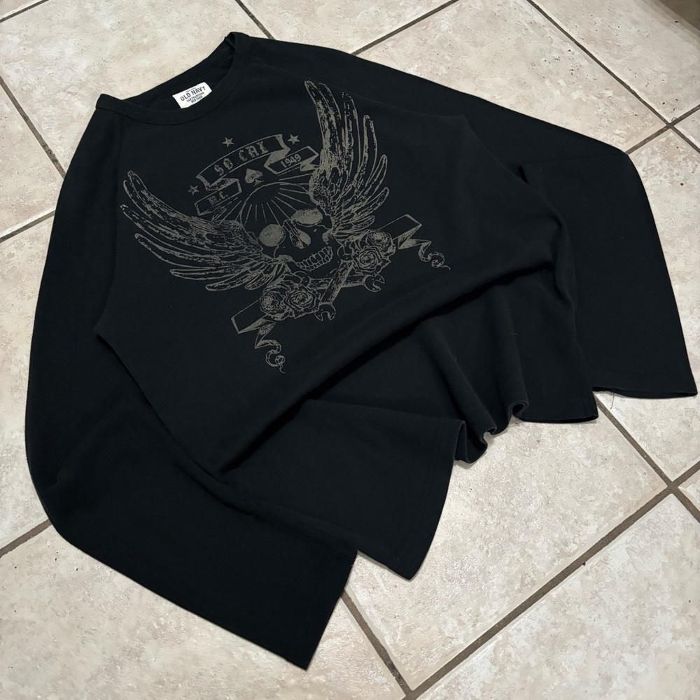 Vintage 2000s black Southpole style y2k thermal grunge skater skull long sleeve